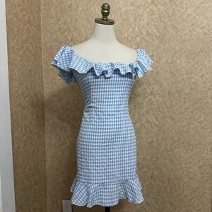 MAJORELLE Daze Away Blue Plaid Gingham Ruffle Off The Shoulder Mini Dress
